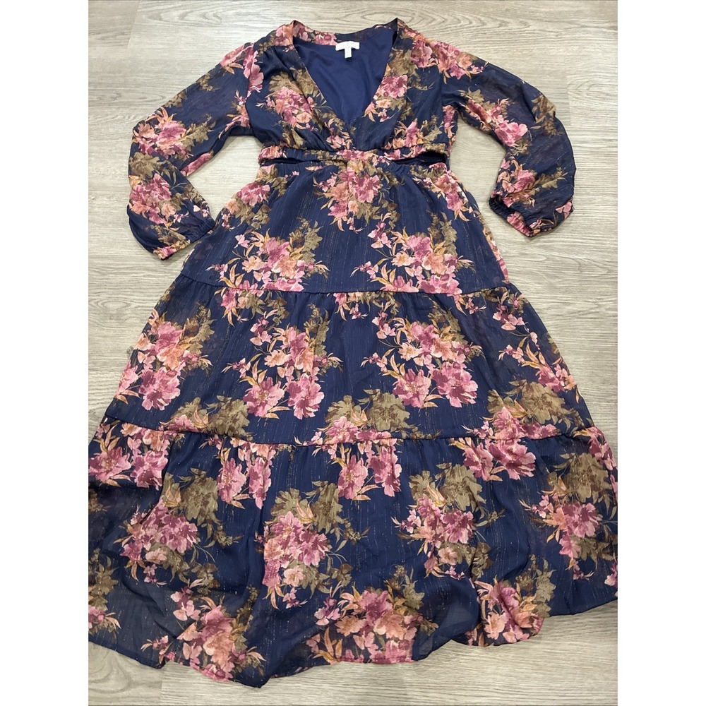 Sofia Jeans Gabby Cutout Maxi Mid-Calf Floral Bouquet Dress Blue L 12/14